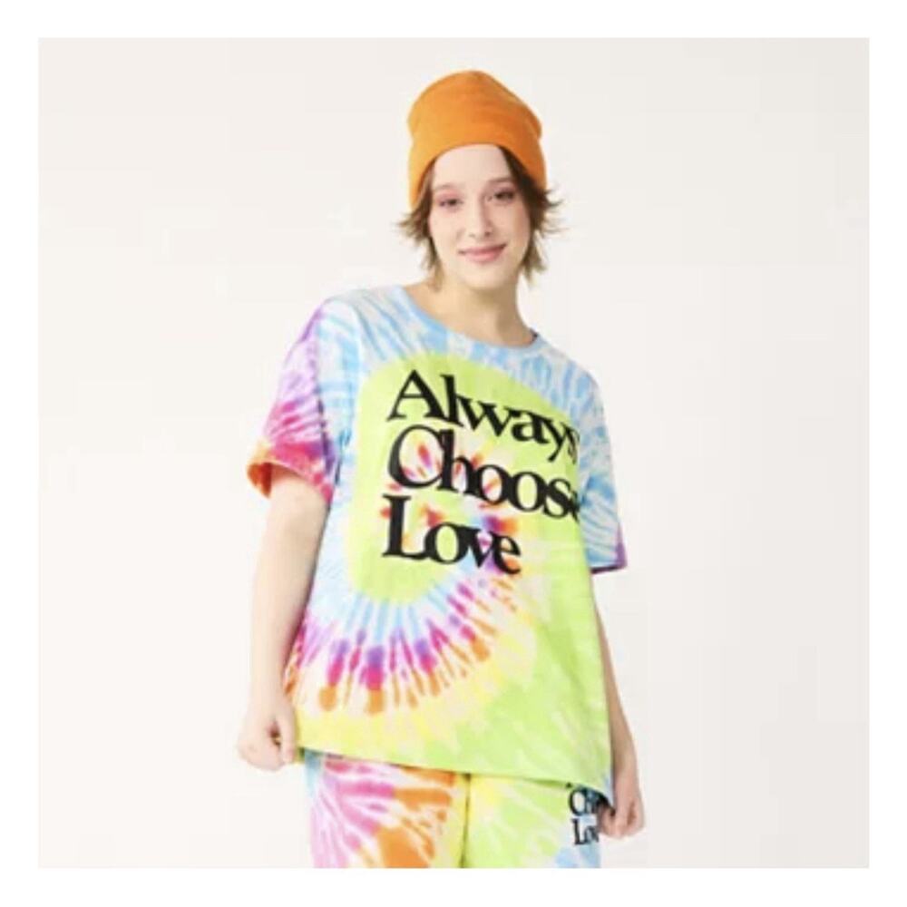 Rainbow Tie Dye Always Choose Love Hippie Round Neck Short Sleeve Top Size S